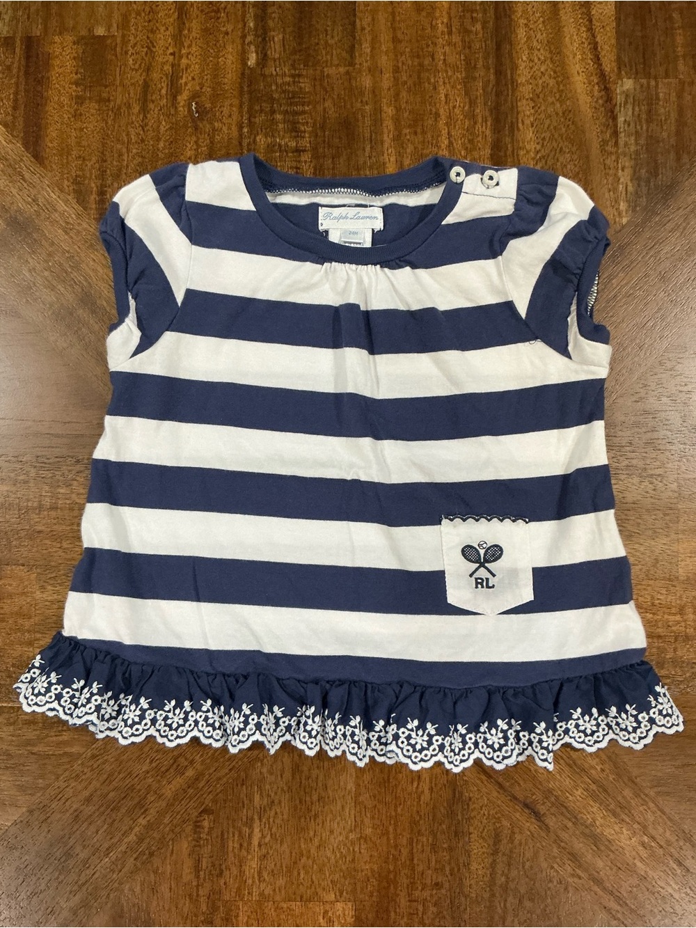 Ralph Lauren Size 24 Months Navy & White Striped Tee with Eyelet Hem